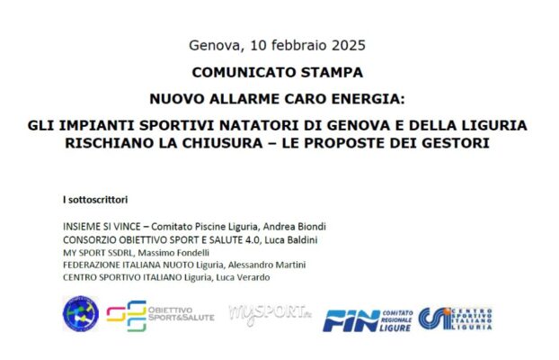 NUOVO ALLARME CARO ENERGIA: GLI IMPIANTI SPORTIVI NATATORI DI GENOVA E DELLA LIGURIA RISCHIANO LA CHIUSURA